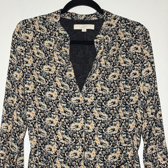 LOFT Black Floral Shirt Shift Short Dress Belted V Neck Lined Rayon Size Medium - Picture 3 of 8